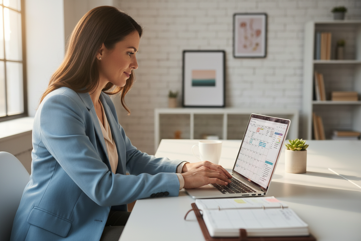 une femme derrière son ordi en train de s'organiser