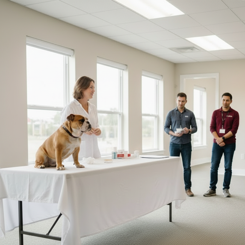 Scène émotionnelle et percutante dans un salon lumineux. Un propriétaire assis sur un canapé clair, avec son chien juste à côté de lui. Tous deux regardent directement la caméra, créant une connexion forte et immédiate. Le propriétaire pose une main protectrice sur le chien, symbole de confiance et de lien. Lumière naturelle, tons neutres et chaleureux (beige, blanc, vert doux), ambiance moderne et apaisante. Photo claire, nette, style lifestyle professionnel. Expressions calmes, complicité visible, impact 